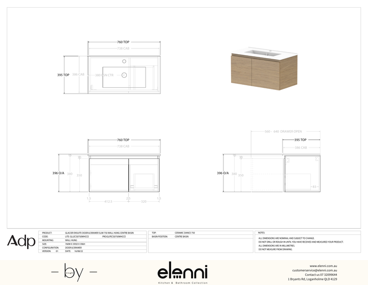 Glacier Ensuite, Door &amp; Drawer 750 Slim WH, Ceramic Centre Bowl - Elenni specification drawing