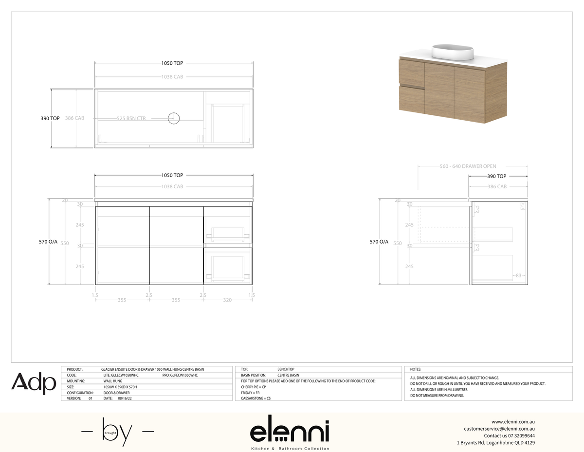 Glacier Ensuite, Door &amp; Drawer 1050 Twin WH, Benchtop Centre Bowl - Elenni specification drawing