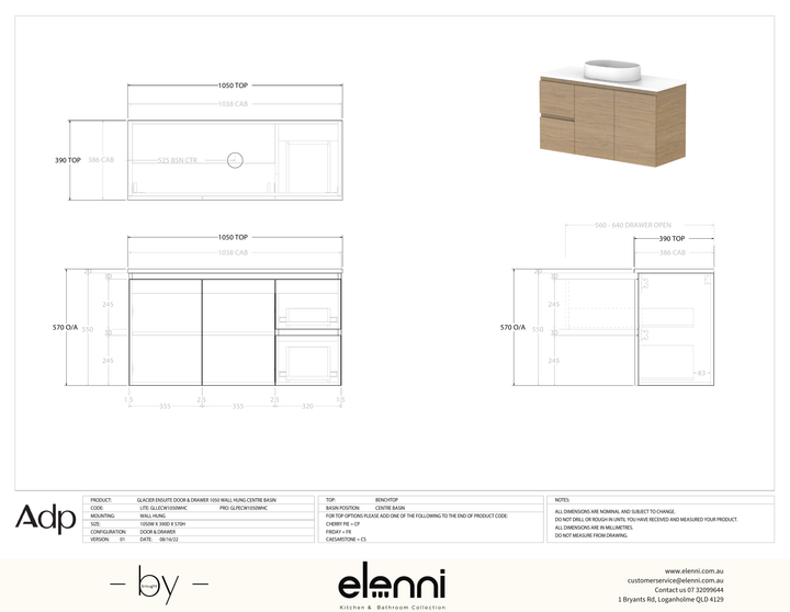 Glacier Ensuite, Door &amp; Drawer 1050 Twin WH, Benchtop Centre Bowl - Elenni specification drawing