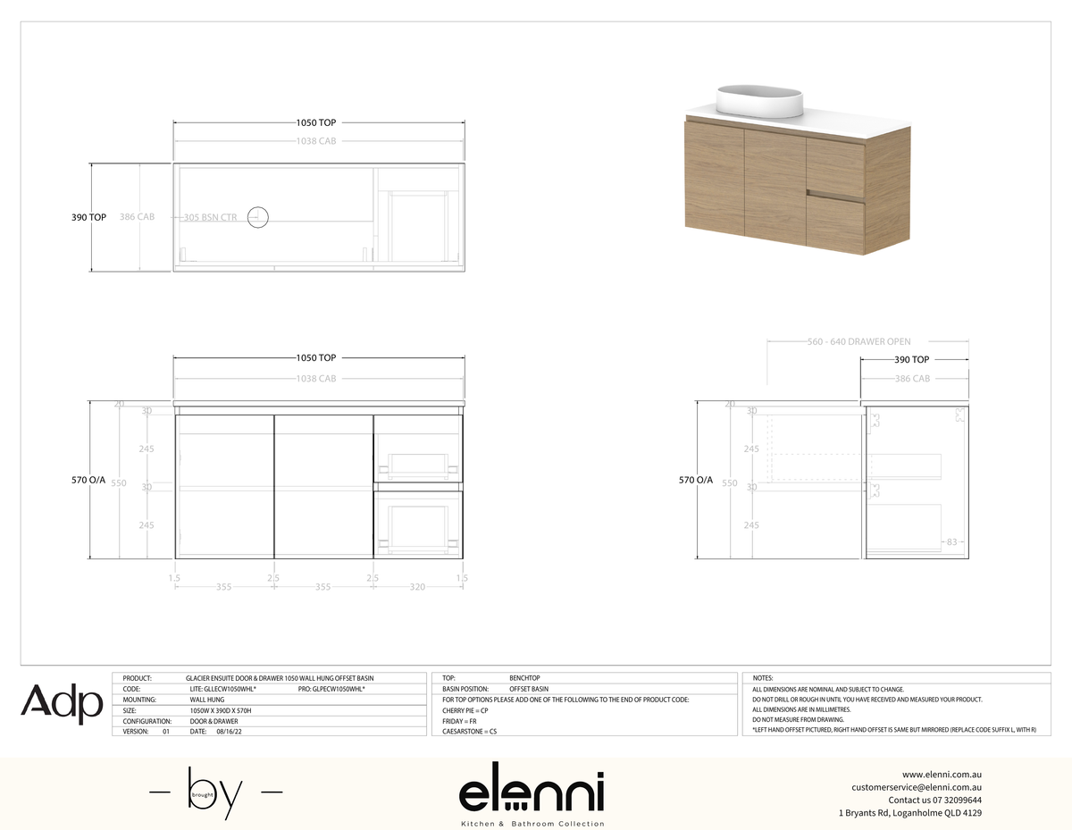 Glacier Ensuite, Door &amp; Drawer 1050 Twin WH, Cast Marble Offset Bowl - Elenni specification drawing