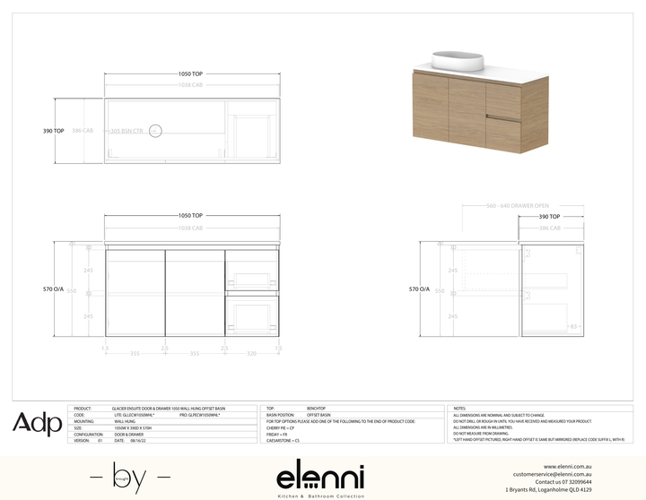 Glacier Ensuite, Door &amp; Drawer 1050 Twin WH, Cast Marble Offset Bowl - Elenni specification drawing