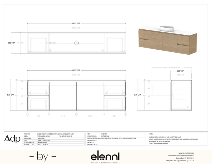 Glacier Ensuite, Door &amp; Drawer 1800 Twin WH, Benchtop Centre Bowl - Elenni specification drawing