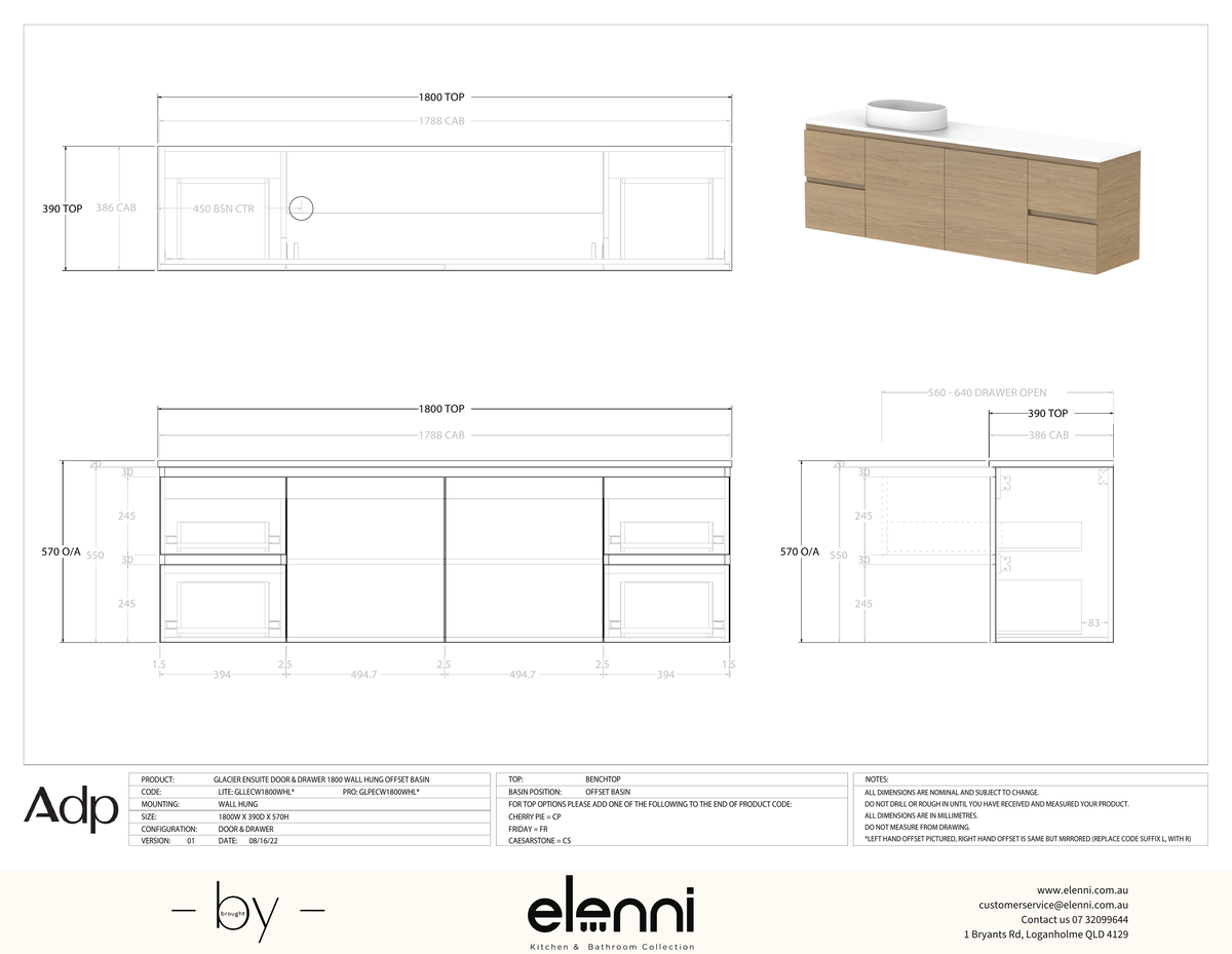 Glacier Ensuite, Door &amp; Drawer 1800 Twin WH, Benchtop Offset Bowl - Elenni specification drawing