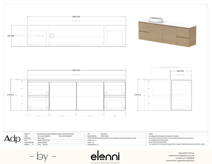 Glacier Ensuite, Door &amp; Drawer 1800 Twin WH, Benchtop Offset Bowl - Elenni specification drawing