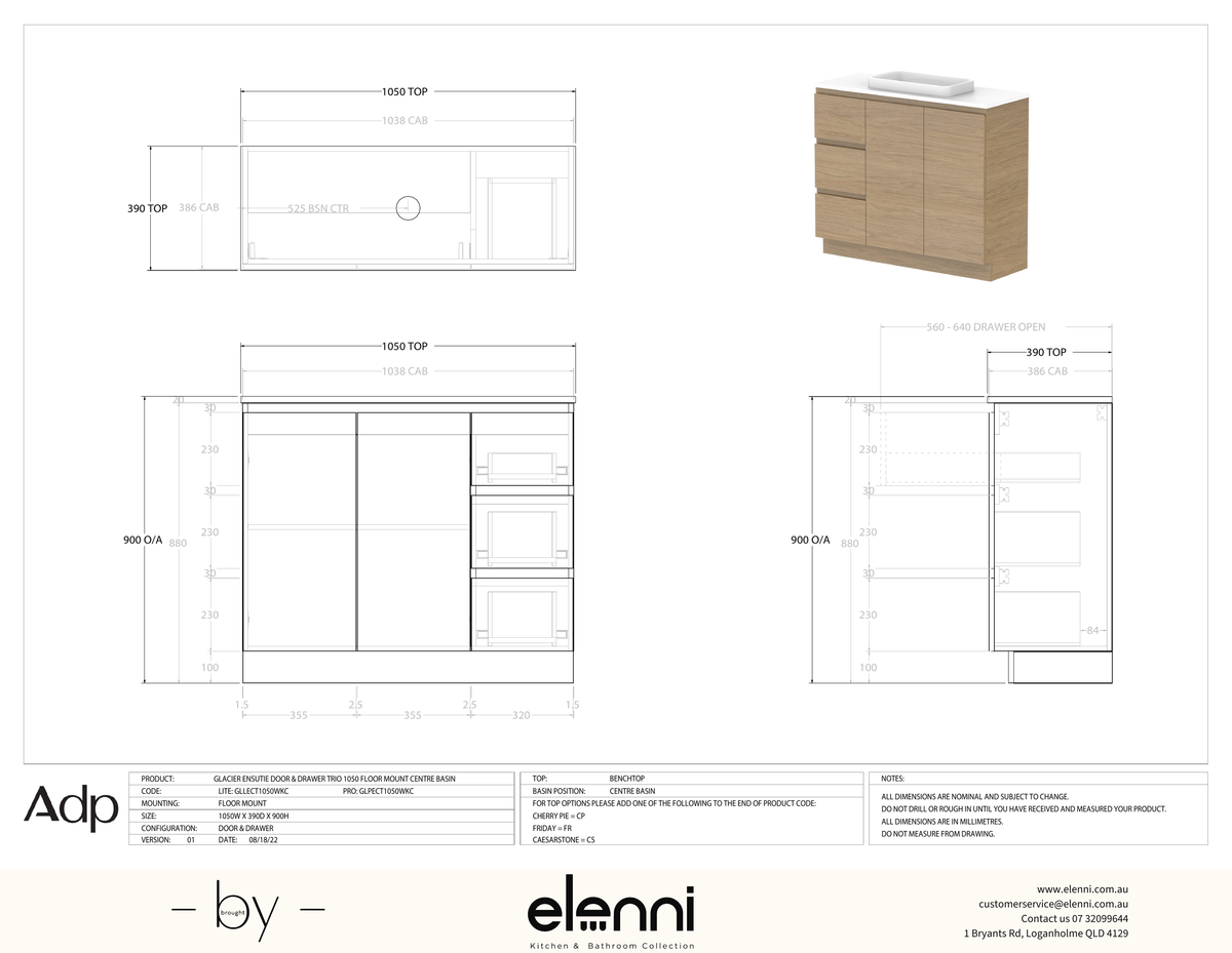 Glacier Ensuite, Door &amp; Drawer 1050 Trio FM, Benchtop Centre Bowl - Elenni specification drawing