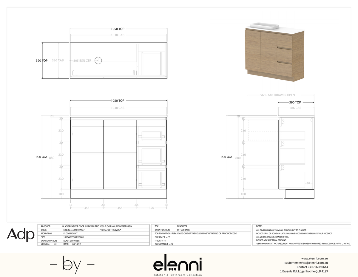 Glacier Ensuite, Door &amp; Drawer 1050 Trio FM, Benchtop Offset Bowl - Elenni specification drawing