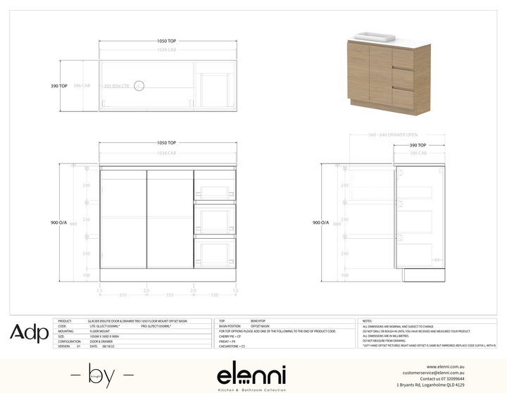 Glacier Ensuite, Door &amp; Drawer 1050 Trio FM, Benchtop Offset Bowl - Elenni specification drawing