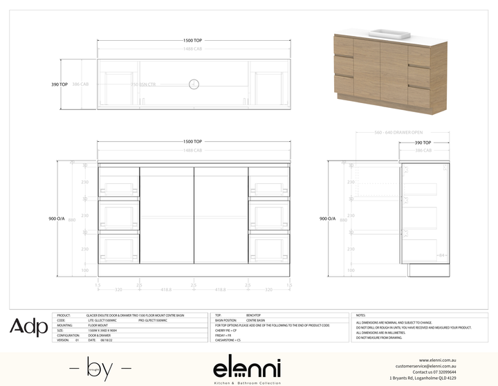 Glacier Ensuite, Door &amp; Drawer 1500 Trio FM, Benchtop Centre Bowl - Elenni specification drawing