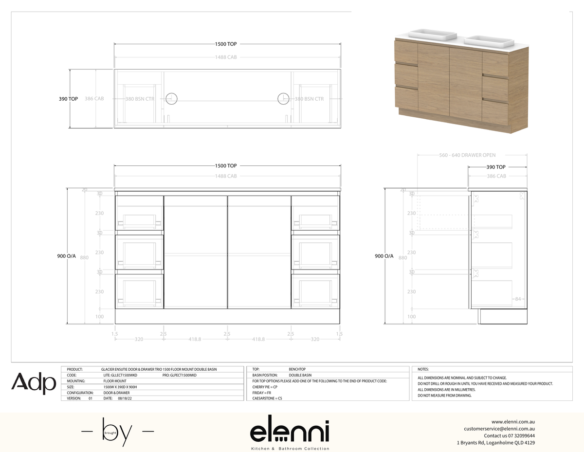 Glacier Ensuite, Door &amp; Drawer 1500 Trio FM, Benchtop Double Bowl - Elenni specification drawing