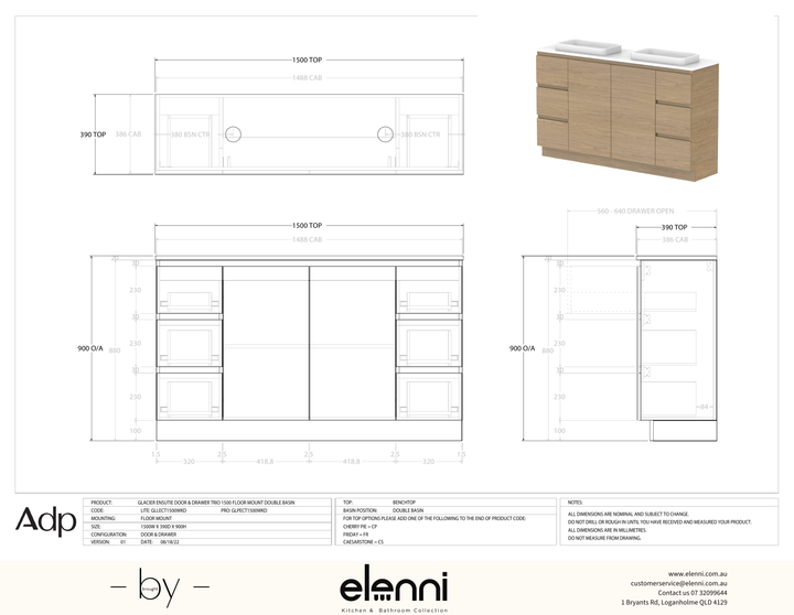 Glacier Ensuite, Door &amp; Drawer 1500 Trio FM, Benchtop Double Bowl - Elenni specification drawing