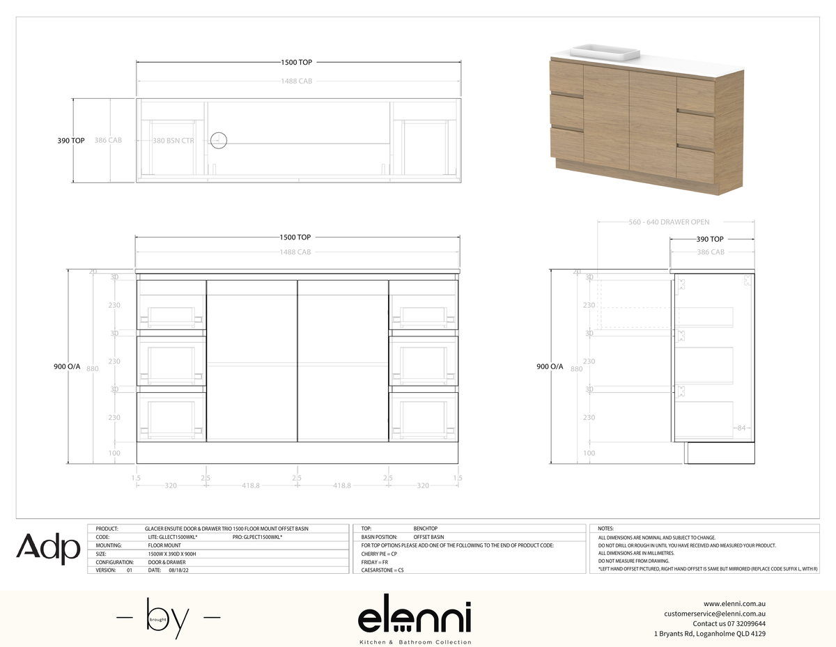 Glacier Ensuite, Door &amp; Drawer 1500 Trio FM, Benchtop Offset Bowl - Elenni specification drawing