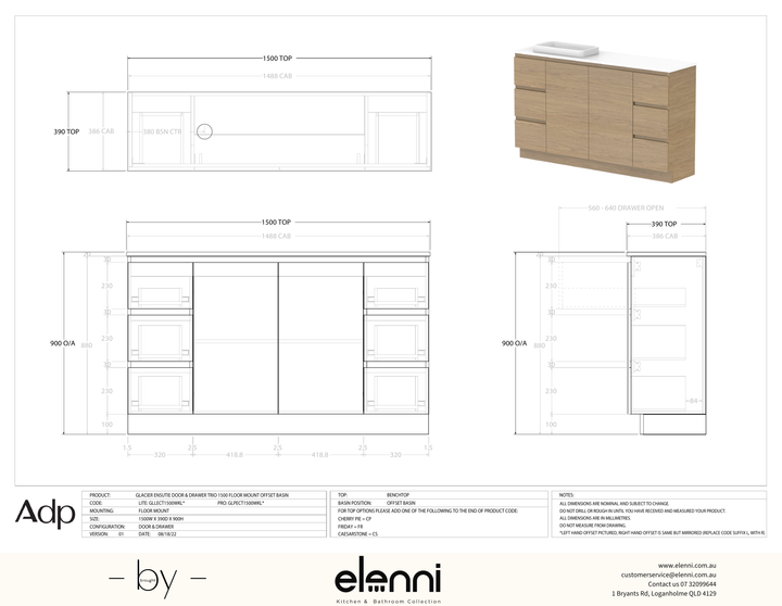 Glacier Ensuite, Door &amp; Drawer 1500 Trio FM, Benchtop Offset Bowl - Elenni specification drawing