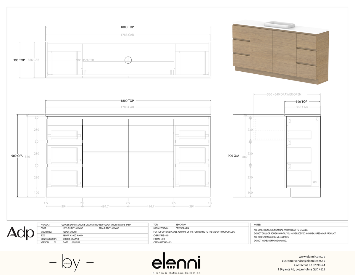 Glacier Ensuite, Door &amp; Drawer 1800 Trio FM, Benchtop Centre Bowl - Elenni specification drawing