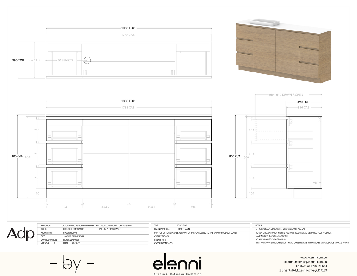Glacier Ensuite, Door &amp; Drawer 1800 Trio FM, Benchtop Offset Bowl - Elenni specification drawing