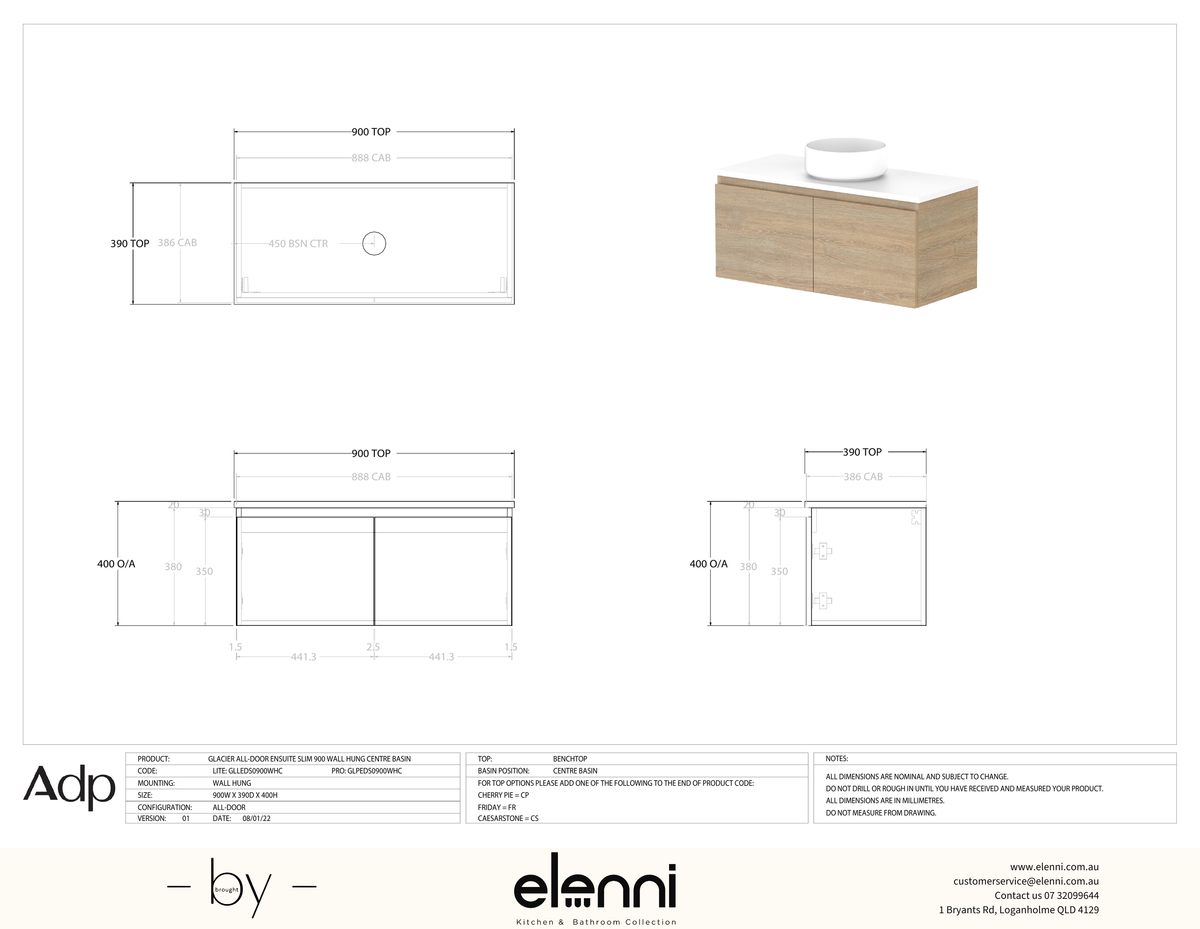 Glacier Ensuite, All-Door 900 Slim WH, Benchtop Centre Bowl - Elenni specification drawing