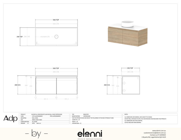 Glacier Ensuite, All-Door 900 Slim WH, Benchtop Centre Bowl - Elenni specification drawing