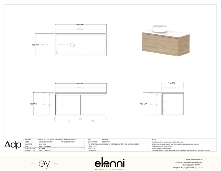 Glacier Ensuite, All-Door 900 Slim WH, Benchtop Offset Bowl - Elenni specification drawing