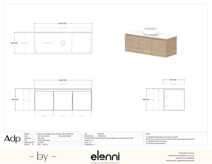 Glacier Ensuite, All-Door 1050 Slim WH, Benchtop Centre Bowl - Elenni specification drawing