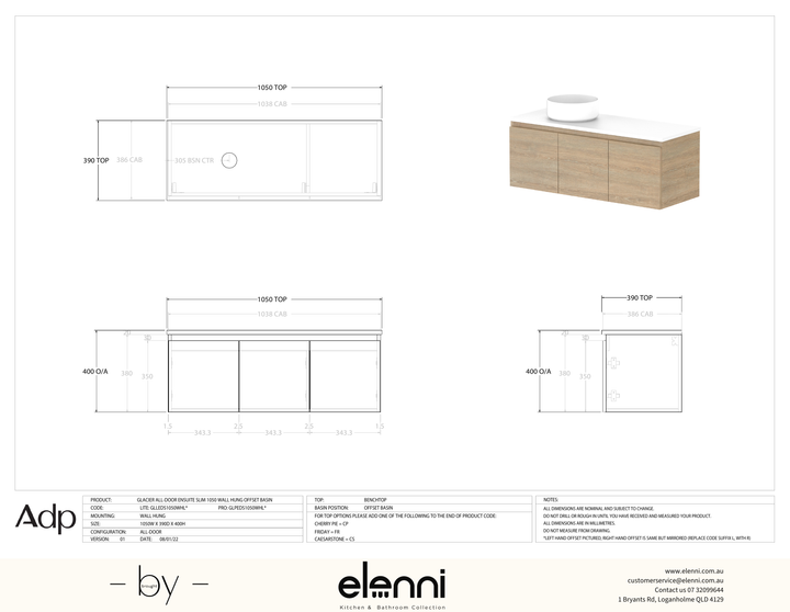 Glacier Ensuite, All-Door 1050 Slim WH, Benchtop Offset Bowl - Elenni specification drawing