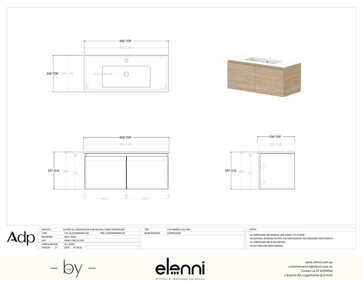 Glacier Ensuite, All-Door 900 Slim WH, Cast Marble Centre Bowl - Elenni specification drawing
