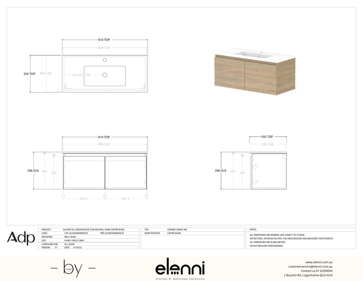 Glacier Ensuite, All-Door 900 Slim WH, Ceramic Centre Bowl - Elenni specification drawing
