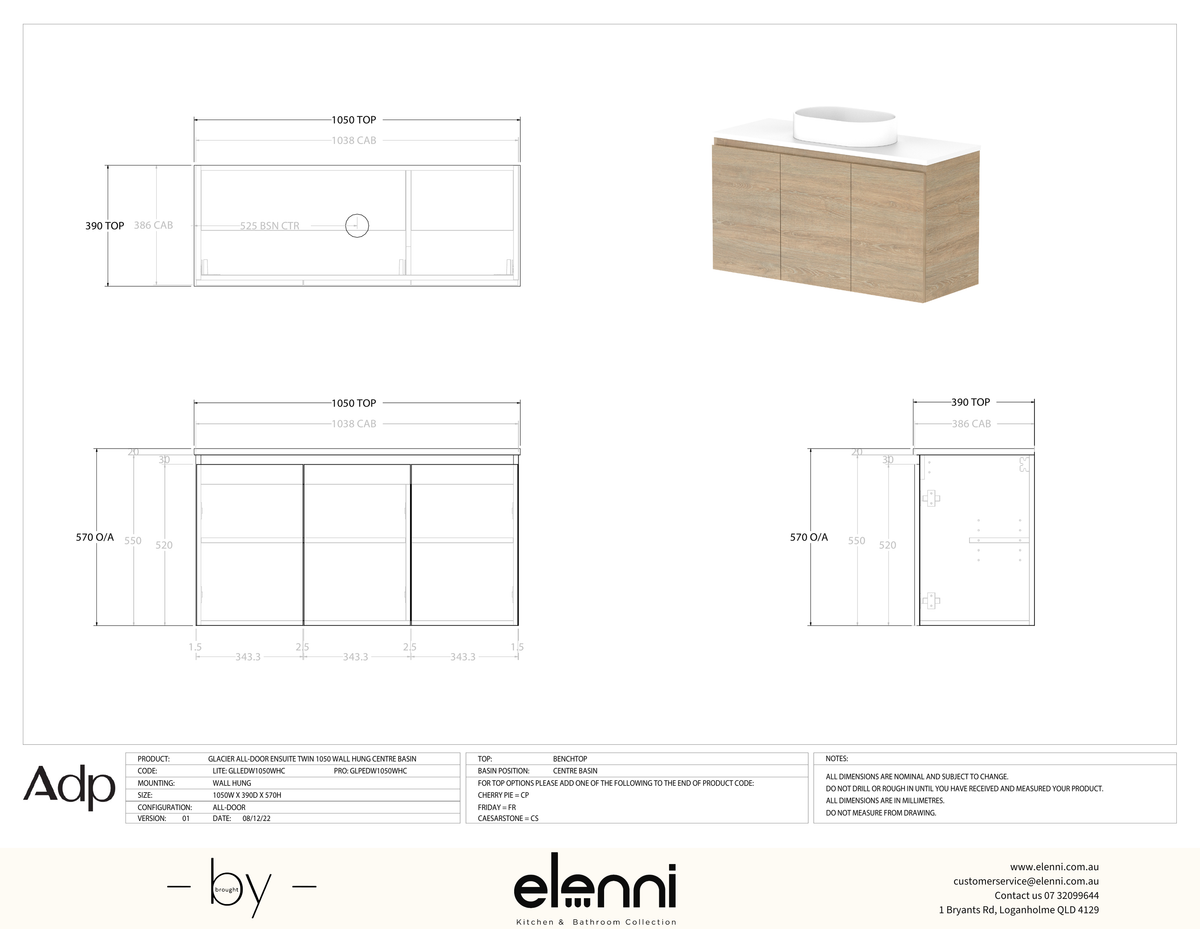 Glacier Ensuite, All-Door 1050 Twin WH, Benchtop Centre Bowl - Elenni specification drawing