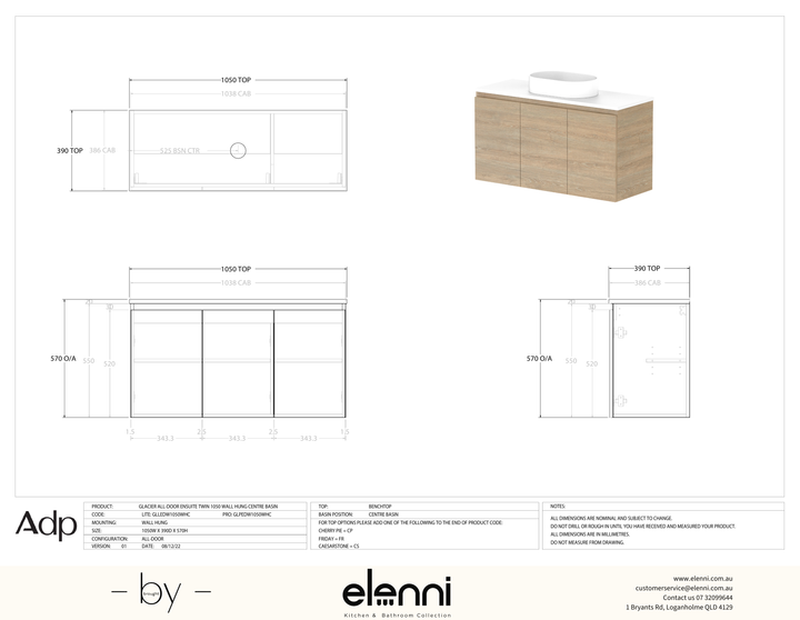 Glacier Ensuite, All-Door 1050 Twin WH, Benchtop Centre Bowl - Elenni specification drawing