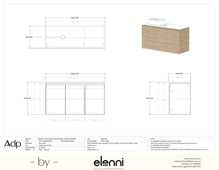 Glacier Ensuite, All-Door 1050 Twin WH, Benchtop Offset Bowl - Elenni specification drawing