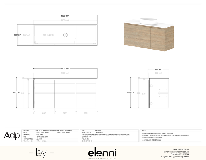 Glacier Ensuite, All-Door 1200 Twin WH, Benchtop Centre Bowl - Elenni specification drawing