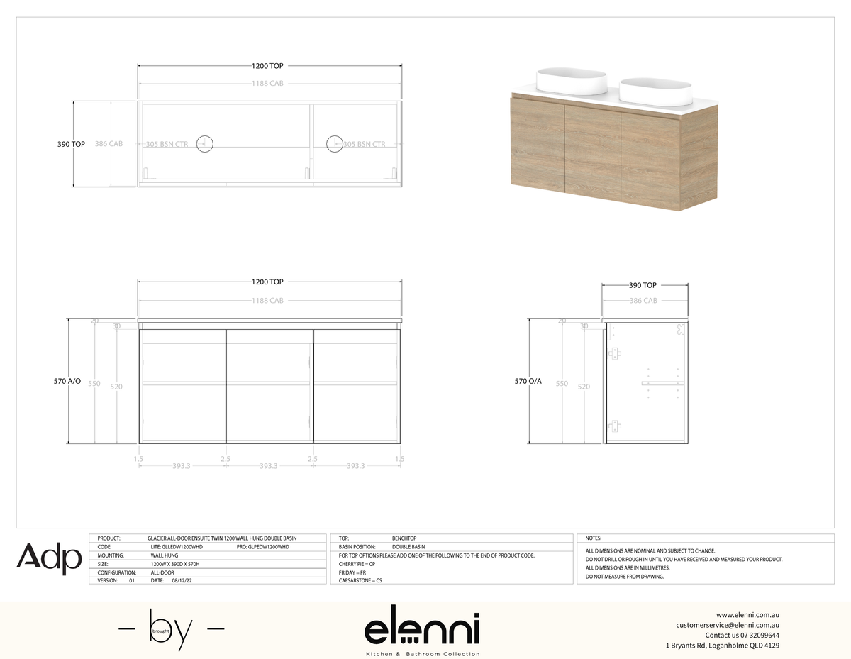 Glacier Ensuite, All-Door 1200 Twin WH, Benchtop Double Bowl - Elenni specification drawing