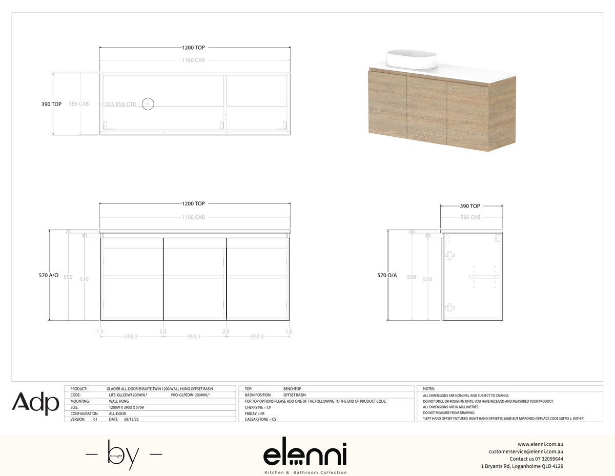 Glacier Ensuite, All-Door 1200 Twin WH, Benchtop Offset Bowl - Elenni specification drawing
