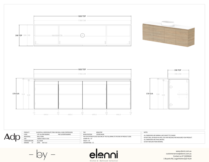 Glacier Ensuite, All-Door 1800 Twin WH, Benchtop Centre Bowl - Elenni specification drawing