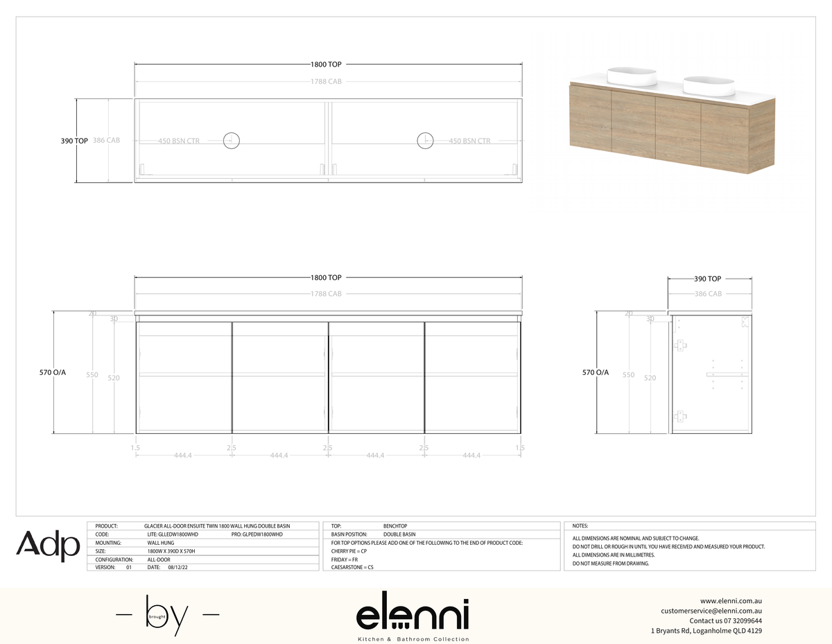 Glacier Ensuite, All-Door 1800 Twin WH, Benchtop Double Bowl - Elenni specification drawing