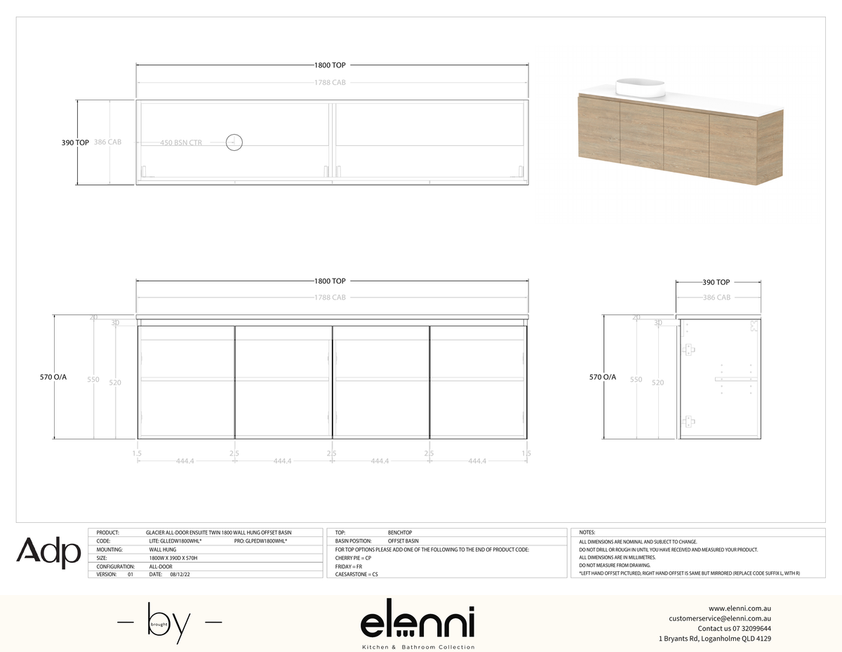 Glacier Ensuite, All-Door 1800 Twin WH, Benchtop Offset Bowl - Elenni specification drawing