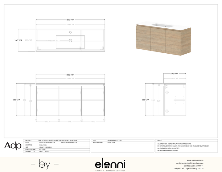 Glacier Ensuite, All-Door 1200 Twin WH, Cast Marble Centre Bowl - Elenni specification drawing