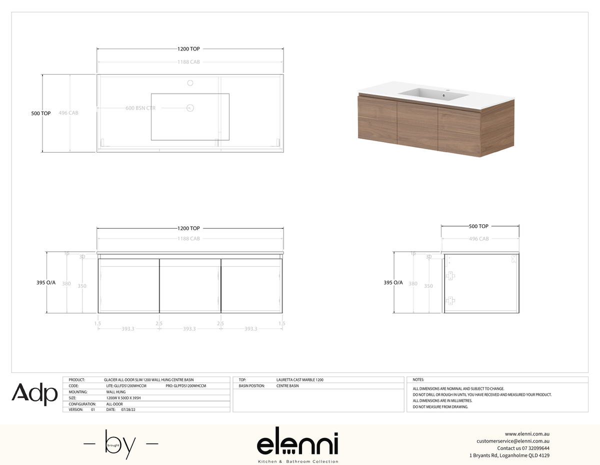 Glacier FD, All Door, 1200 Slim WH, Cast Marble Centre Bowl - Elenni specification drawing