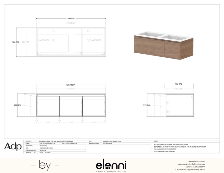 Glacier FD, All Door, 1200 Slim WH, Cast Marble Double Bowl - Elenni specification drawing