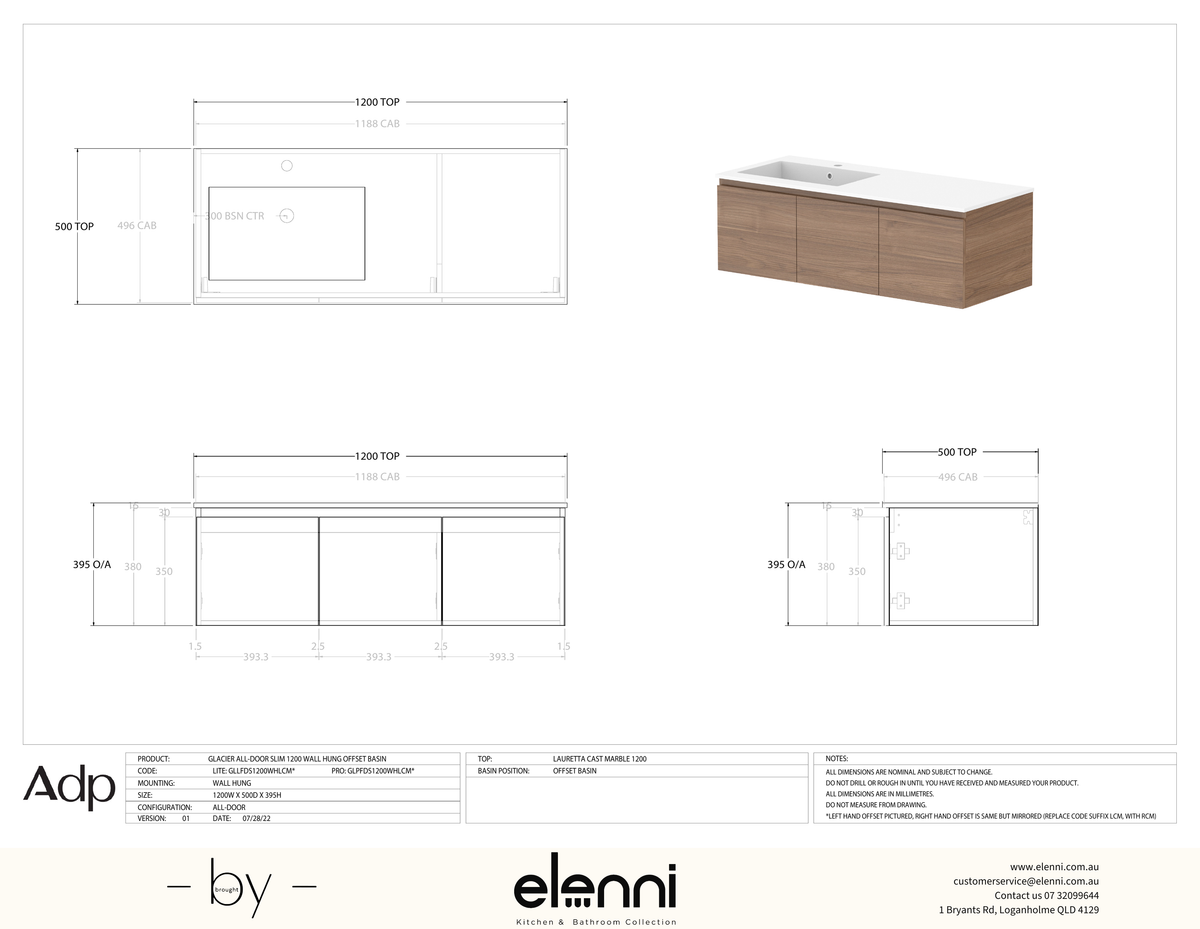 Glacier FD, All Door, 1200 Slim WH, Cast Marble Offset Bowl - Elenni specification drawing