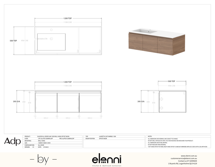 Glacier FD, All Door, 1200 Slim WH, Cast Marble Offset Bowl - Elenni specification drawing