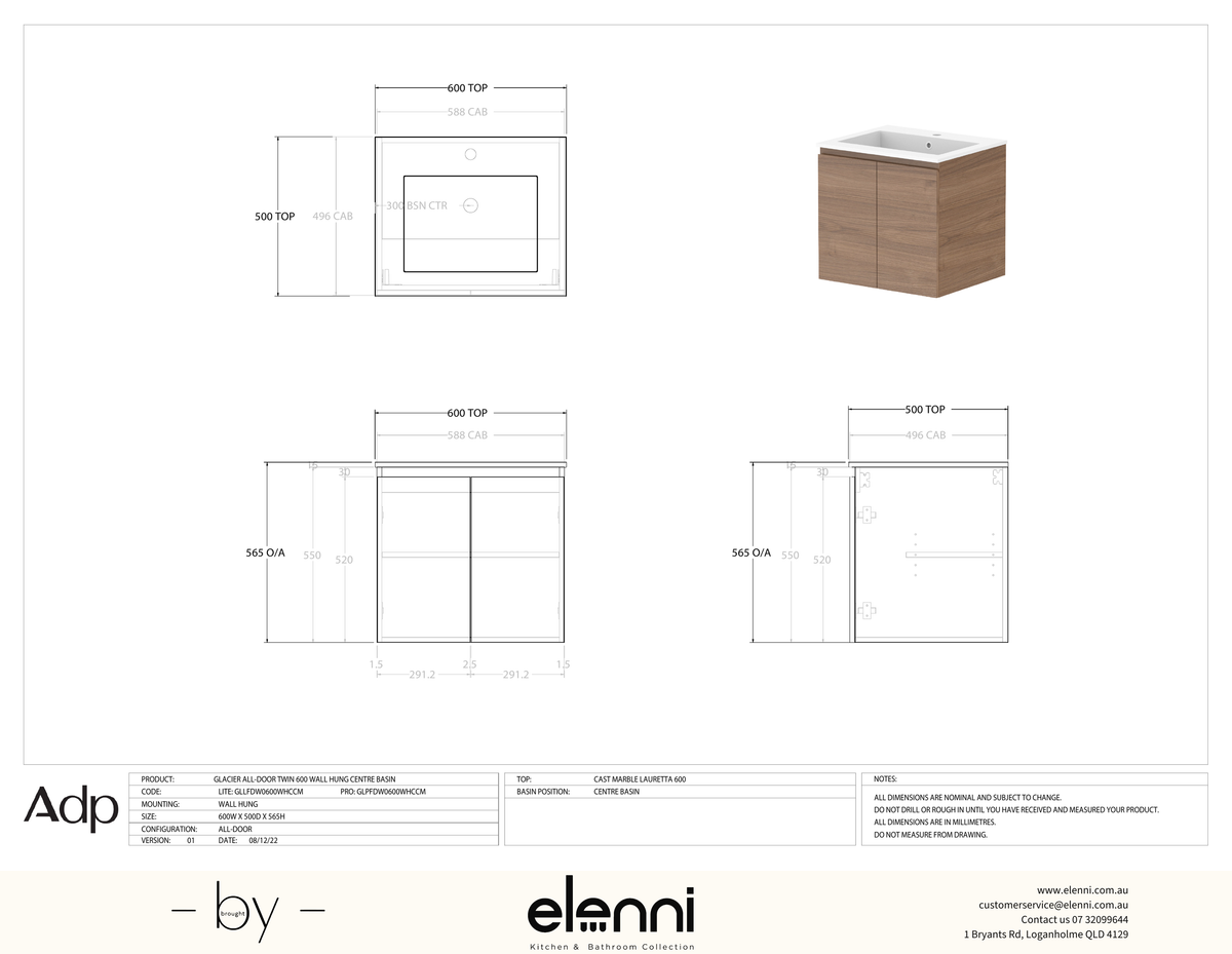 Glacier FD, All Door, 600 Twin WH, Cast Marble Centre Bowl - Elenni specification drawing