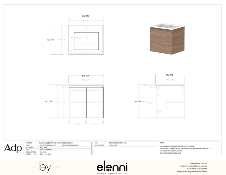 Glacier FD, All Door, 600 Twin WH, Cast Marble Centre Bowl - Elenni specification drawing