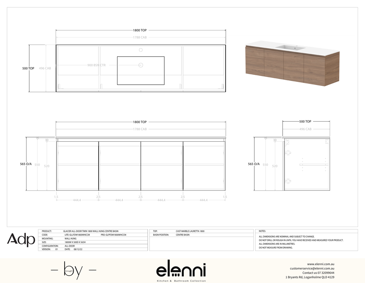 Glacier FD, All Door, 1800 Twin WH, Cast Marble Centre Bowl - Elenni specification drawing