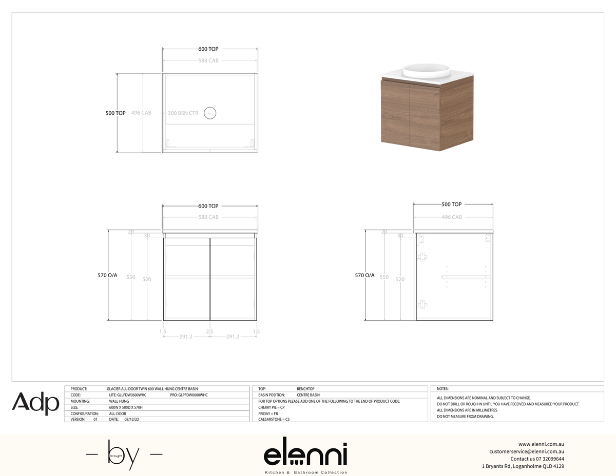 Glacier FD, All Door, 600 Twin WH, Benchtop Centre Bowl - Elenni specification drawing