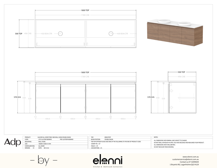 Glacier FD, All Door, 1800 Twin WH, Benchtop Double Bowl - Elenni specification drawing