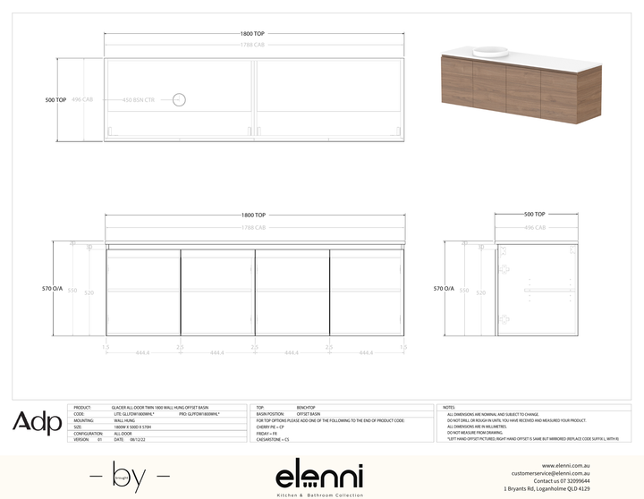 Glacier FD, All Door, 1800 Twin WH, Benchtop Offset Bowl - Elenni specification drawing