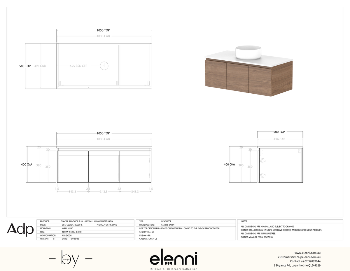 Glacier FD, All Door, 1050 Slim WH, Benchtop Centre Bowl - Elenni specification drawing