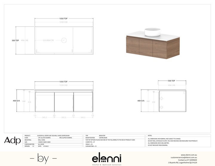 Glacier FD, All Door, 1050 Slim WH, Benchtop Centre Bowl - Elenni specification drawing