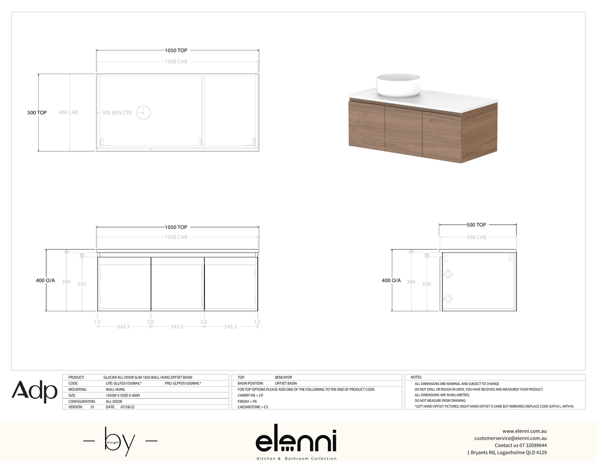 Glacier FD, All Door, 1050 Slim WH, Benchtop Offset Bowl - Elenni specification drawing