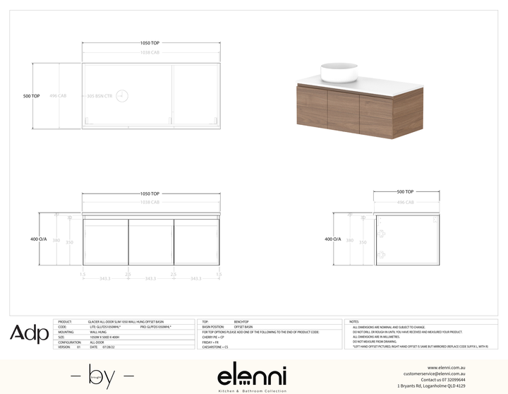 Glacier FD, All Door, 1050 Slim WH, Benchtop Offset Bowl - Elenni specification drawing