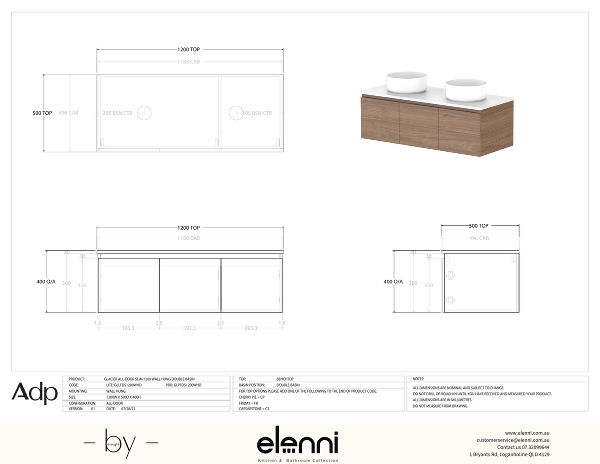 Glacier FD, All Door, 1200 Slim WH, Benchtop Double Bowl - Elenni specification drawing